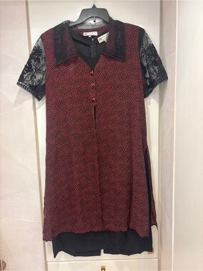 Red Polka Dot Tunic Dress with Black Lace Sleeves